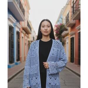 Lucky Brand Cardigan Sweater Womens Small Blue Crochet Knit Boho Beachy